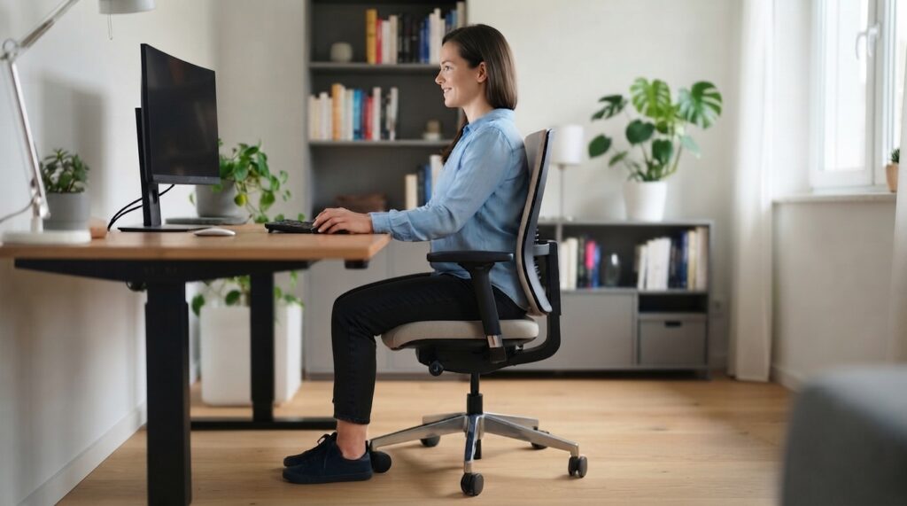 Grafika przedstawia kobietę siedzącą przy biurku w jasnym, nowoczesnym pokoju, zachowując ergonomiczną pozycję ciała